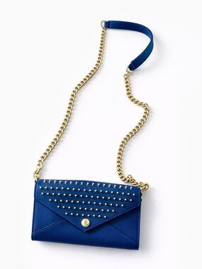 Rebecca Minkoff blue crossbody with gold chain strap and gold studs